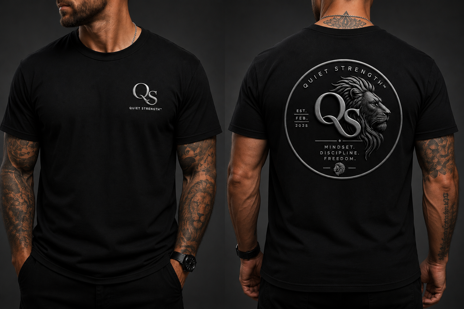 Front and back of the black Quiet Strength Crest T-Shirt with the large circular lion crest on the back