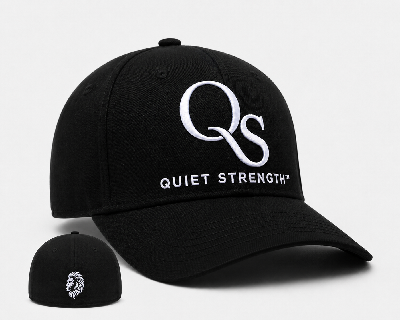 Black Quiet Strength Flexfit fitted hat on a dark background