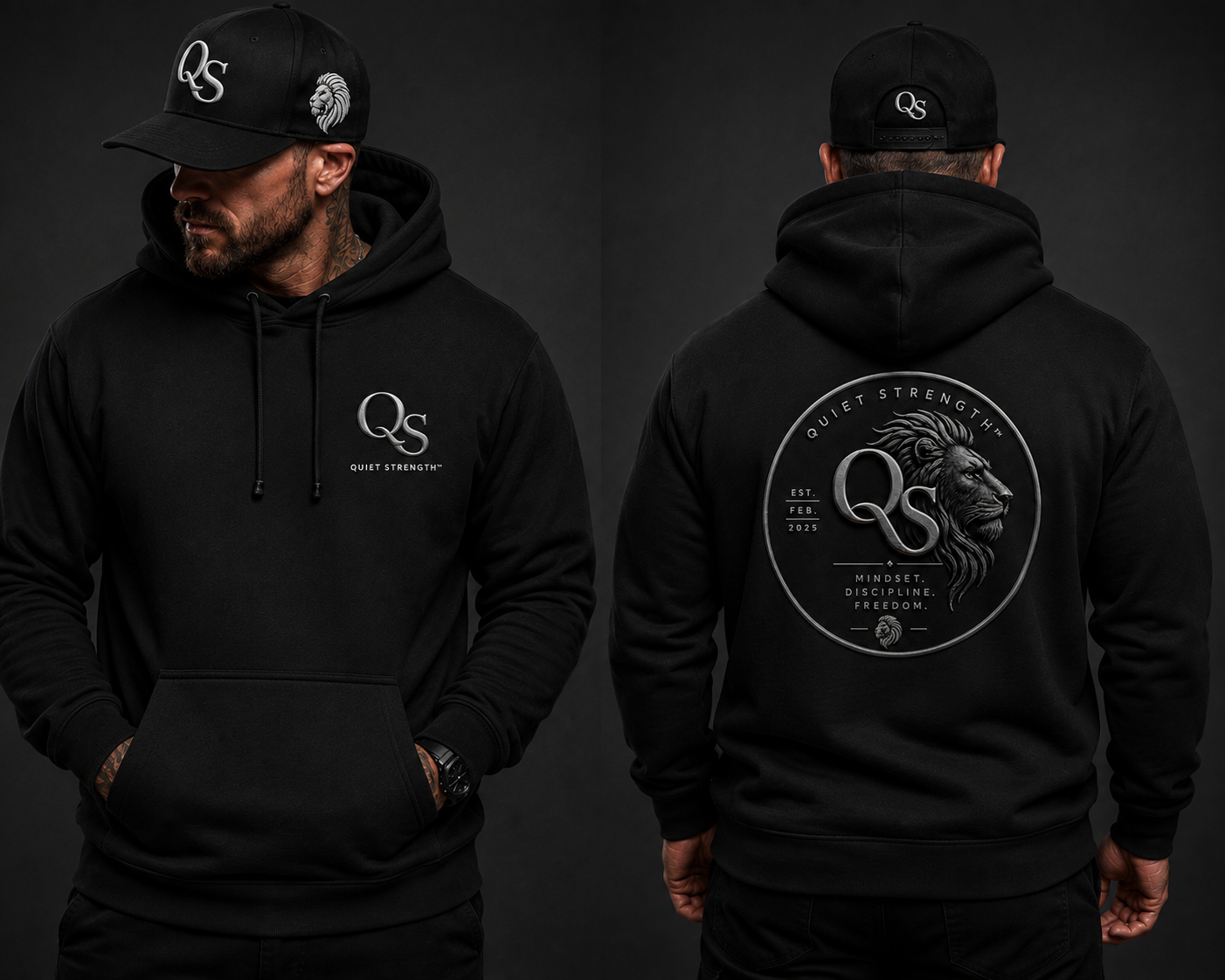 Front and back of the black Quiet Strength Signature Hoodie with the QS chest mark and circular lion crest