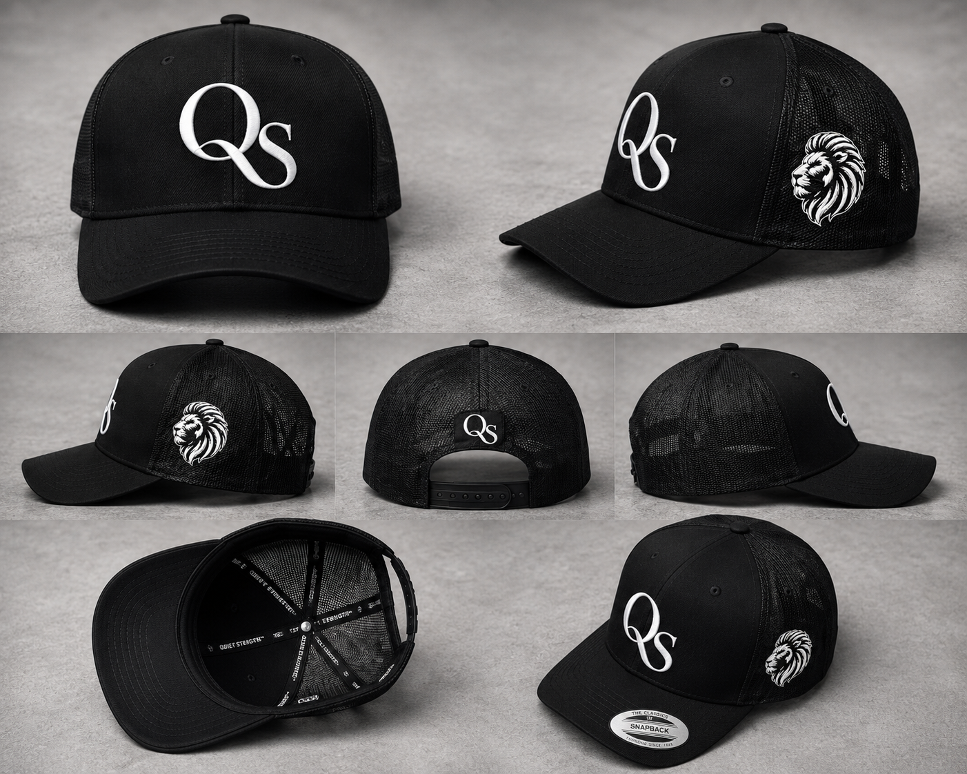 Black Quiet Strength mesh snapback shown from multiple angles with raised QS mark and lion side mark