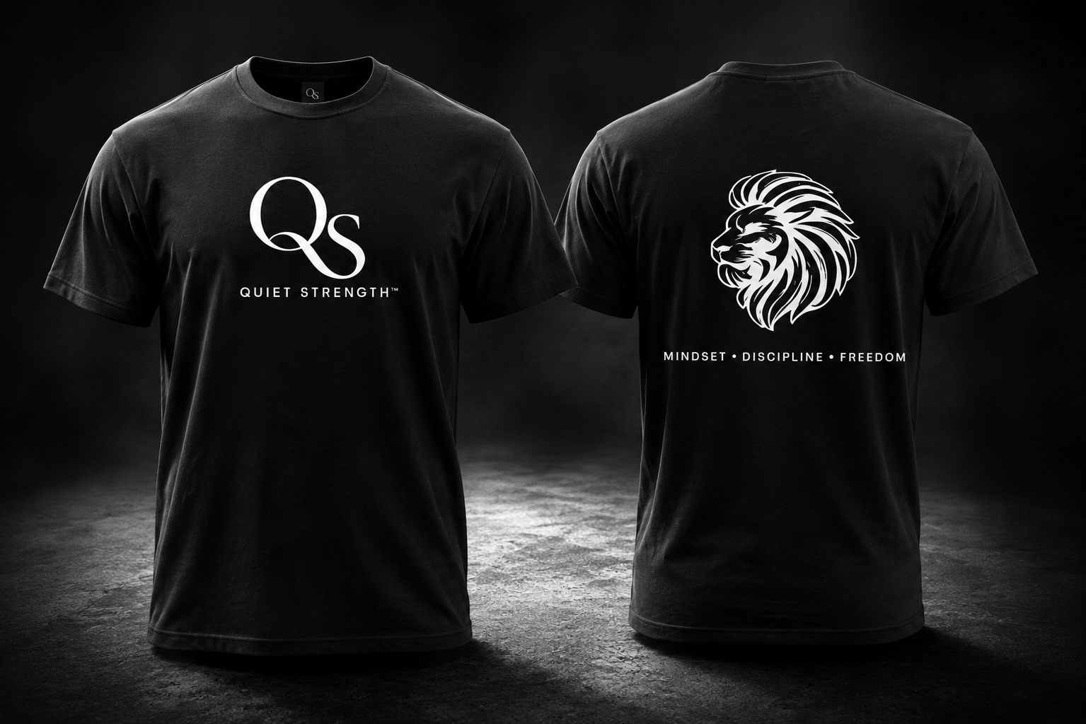 Quiet Strength Signature T-Shirt shown front and back, QS mark and lion artwork